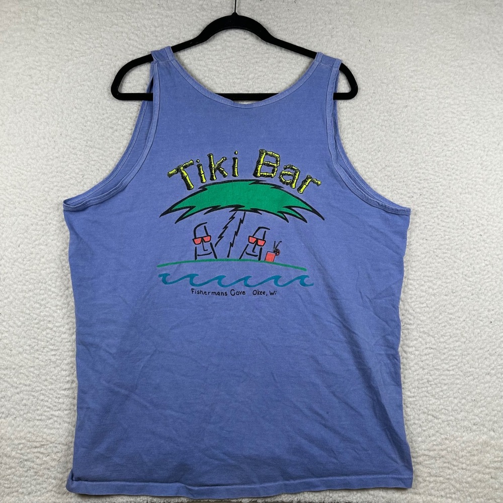 Vintage Anvil Tank Top Mens Tiki Bar Fisherman's Cove Pigment Dyed XL Blue Beach